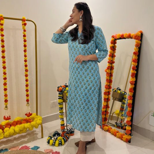 Saadgi Handblock Printed Kurta_Firozi Blue