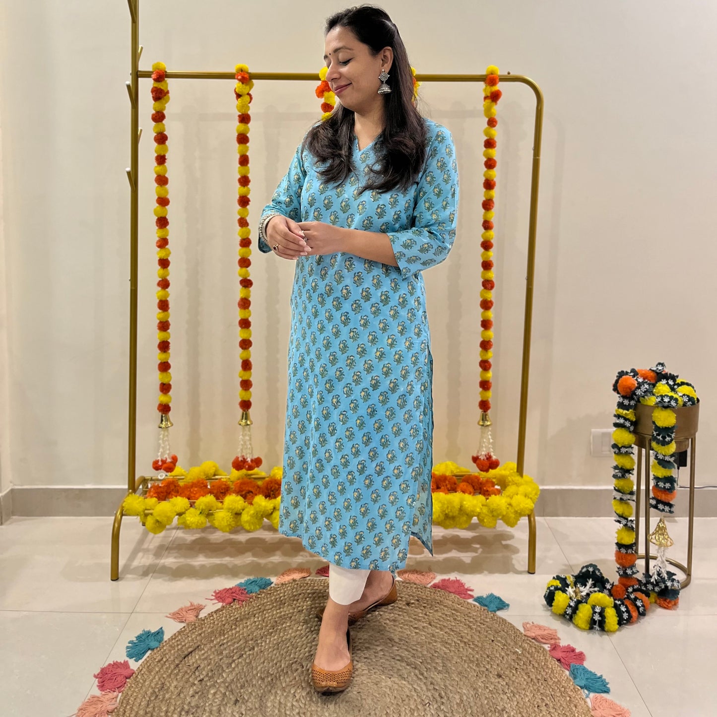 Saadgi Handblock Printed Kurta_Firozi Blue