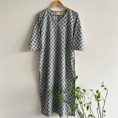 Saadgi Handblock Printed Kurta_Grey Retro