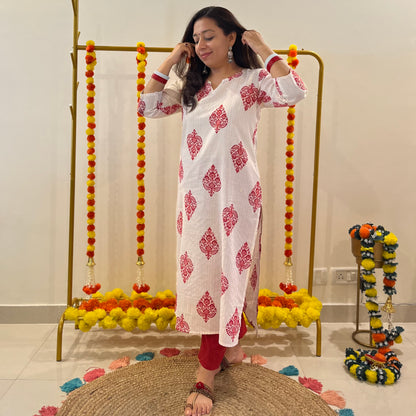 Saadgi Handblock Printed Kurta_Red & White