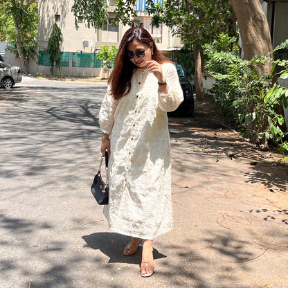 Beige Embroidered Cotton Dress