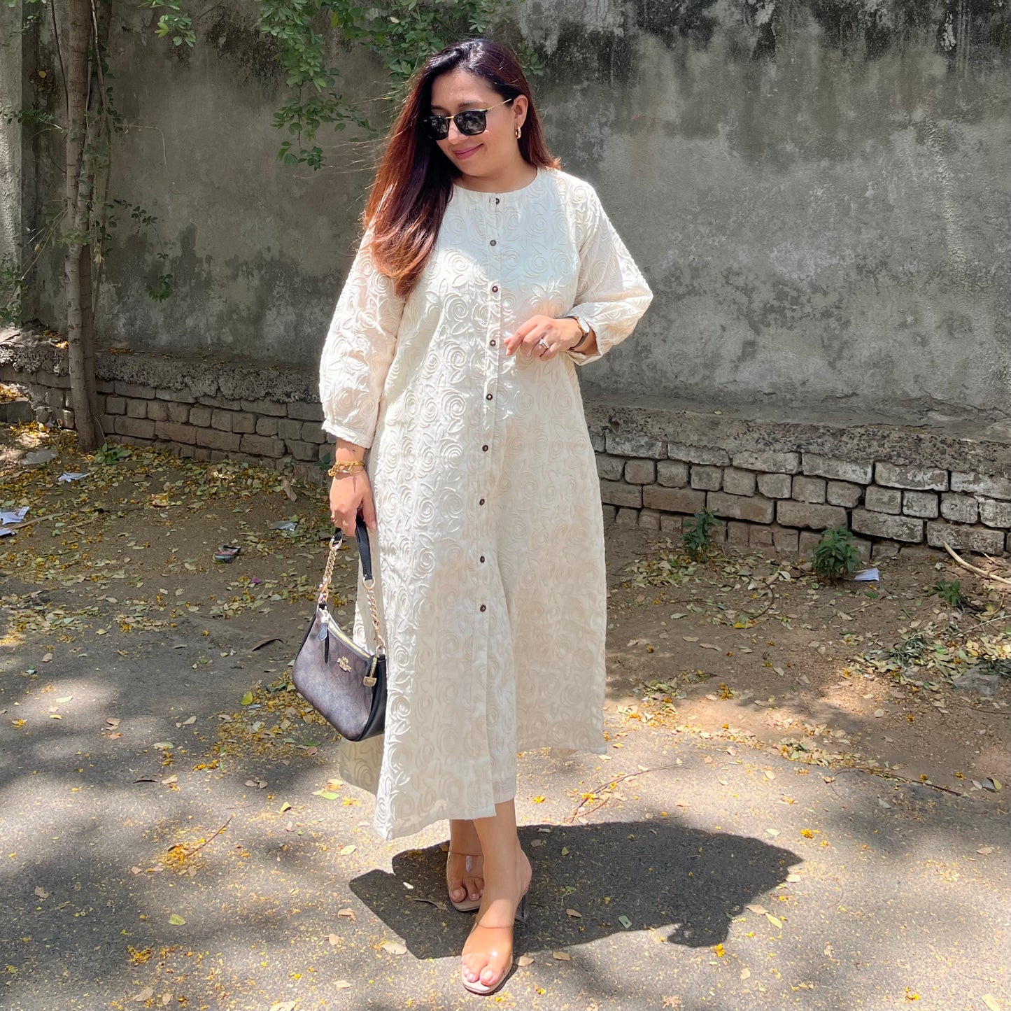 Beige Embroidered Cotton Dress