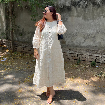 Beige Embroidered Cotton Dress