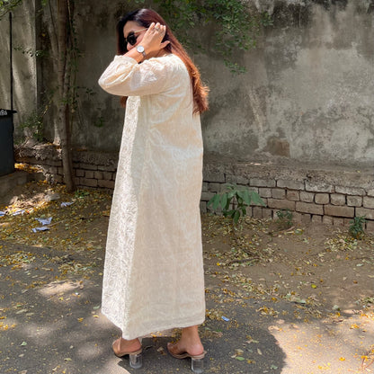 Beige Embroidered Cotton Dress