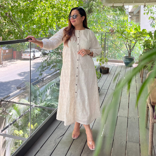 Beige Embroidered Cotton Dress