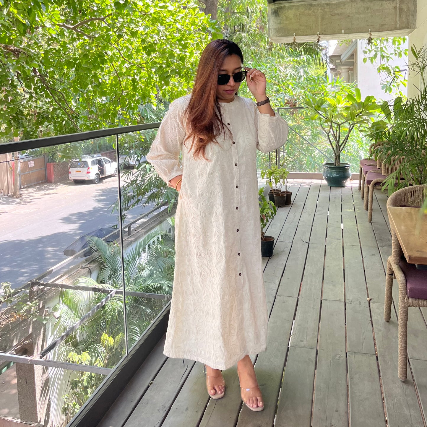 Beige Embroidered Cotton Dress