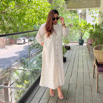 Beige Embroidered Cotton Dress