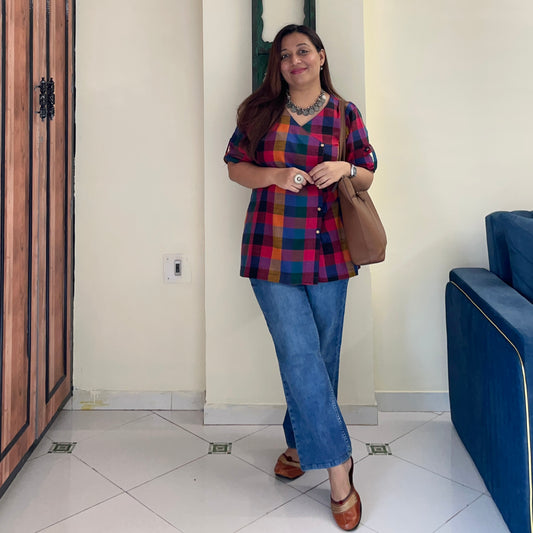 Small Madras Checks Handloom Cotton Short Kurta/Top