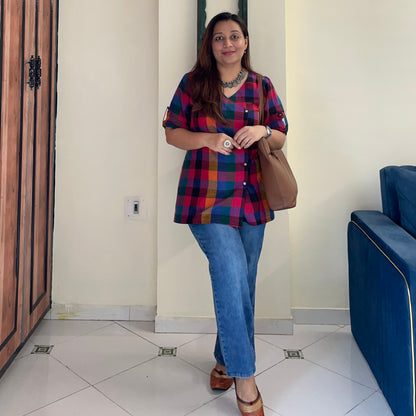 Small Madras Checks Handloom Cotton Short Kurta/Top