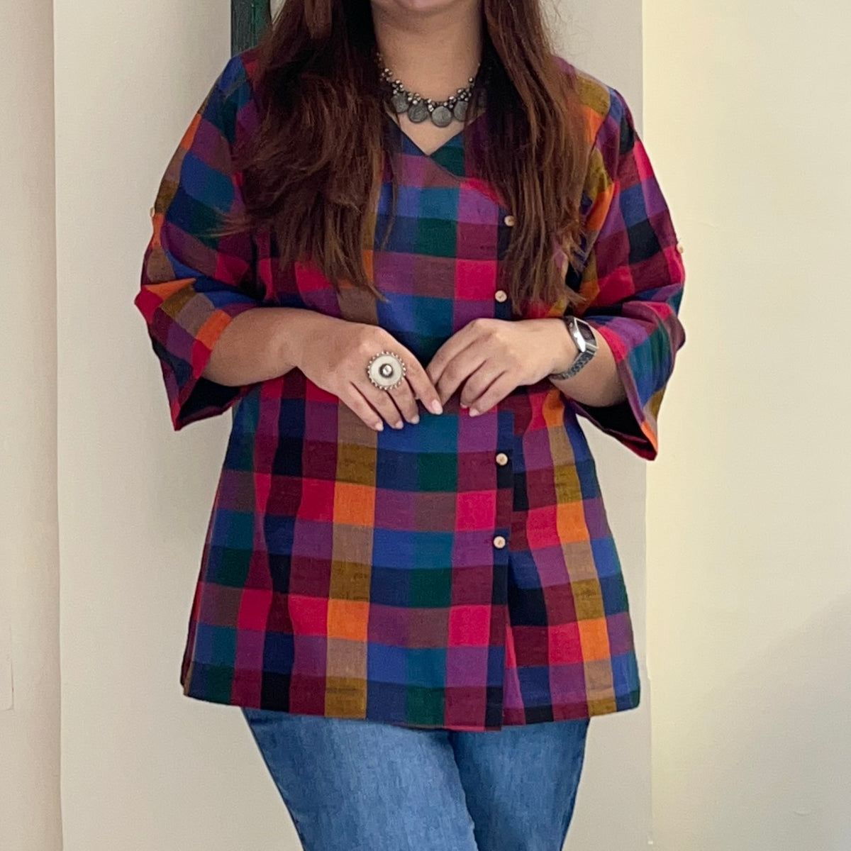 Small Madras Checks Handloom Cotton Short Kurta/Top