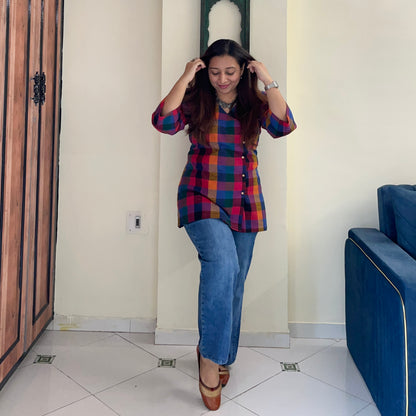 Small Madras Checks Handloom Cotton Short Kurta/Top