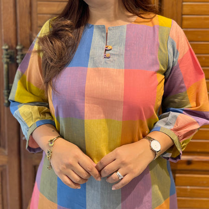 Pastel Checkered Handloom Cotton Kurta