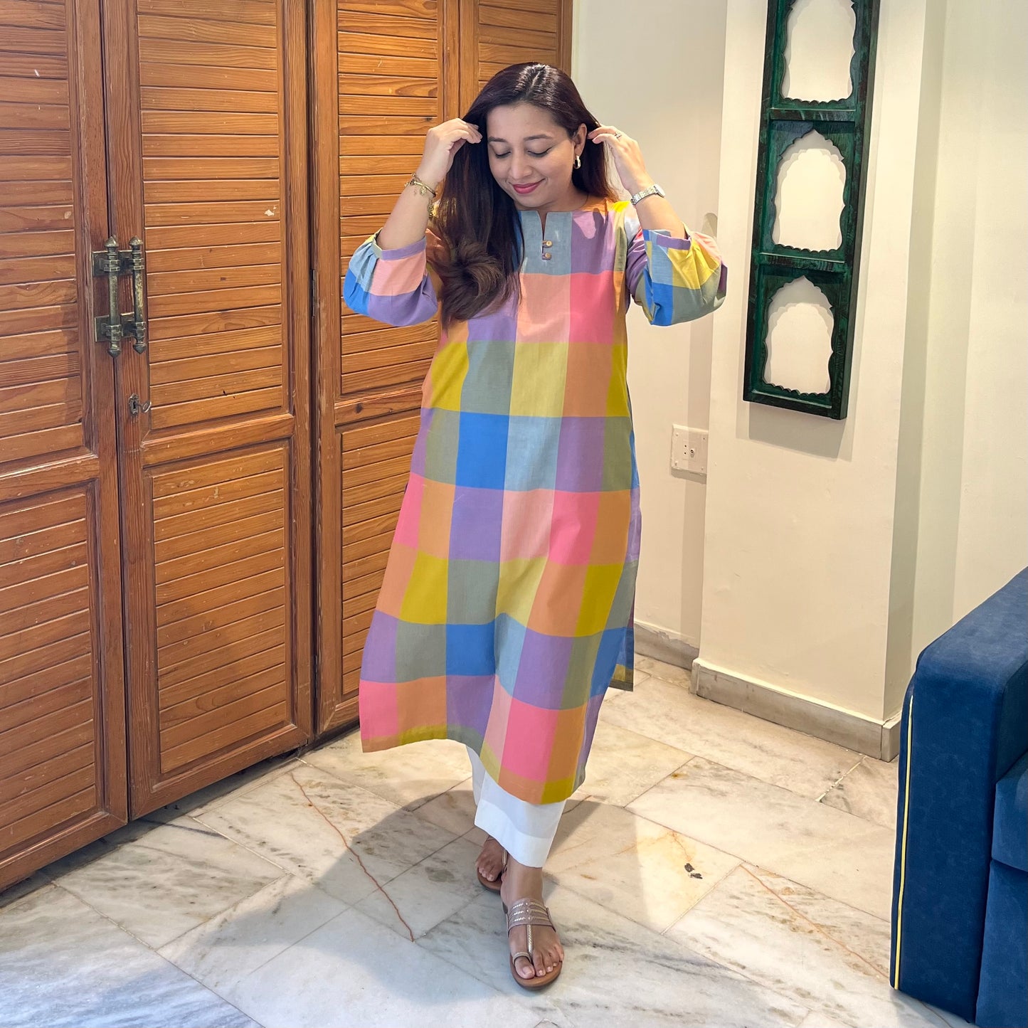 Pastel Checkered Handloom Cotton Kurta