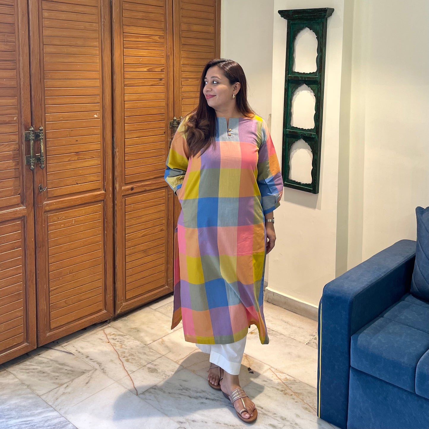 Pastel Checkered Handloom Cotton Kurta