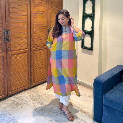 Pastel Checkered Handloom Cotton Kurta