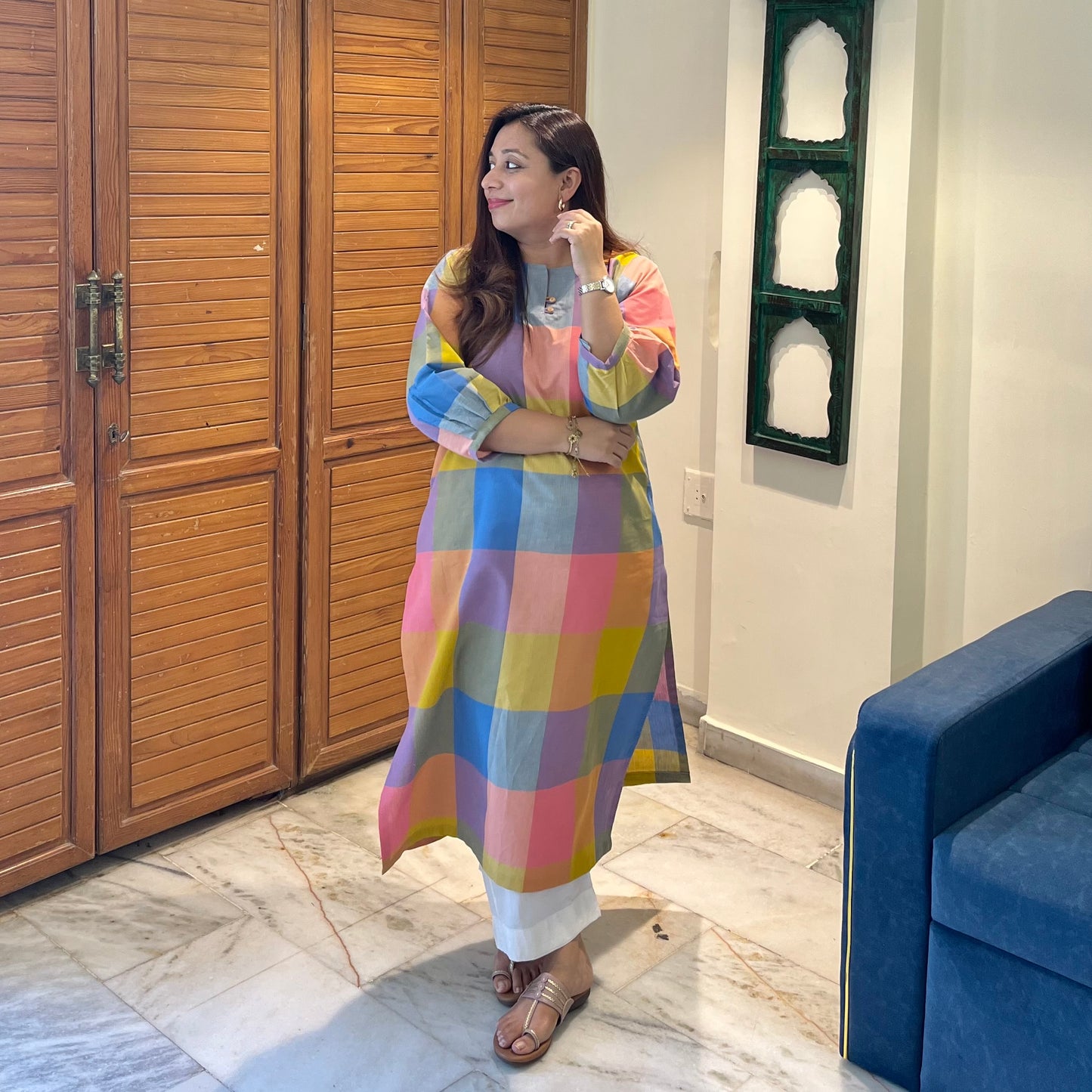 Pastel Checkered Handloom Cotton Kurta