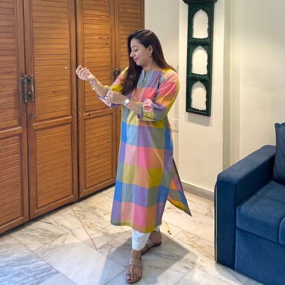 Pastel Checkered Handloom Cotton Kurta