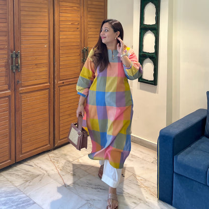 Pastel Checkered Handloom Cotton Kurta