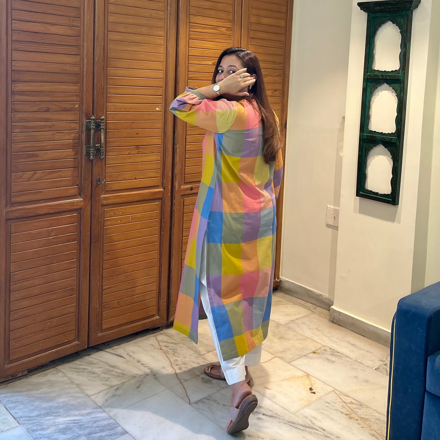 Pastel Checkered Handloom Cotton Kurta